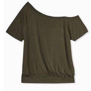 Olive Green Slub Off Shoulder Tee